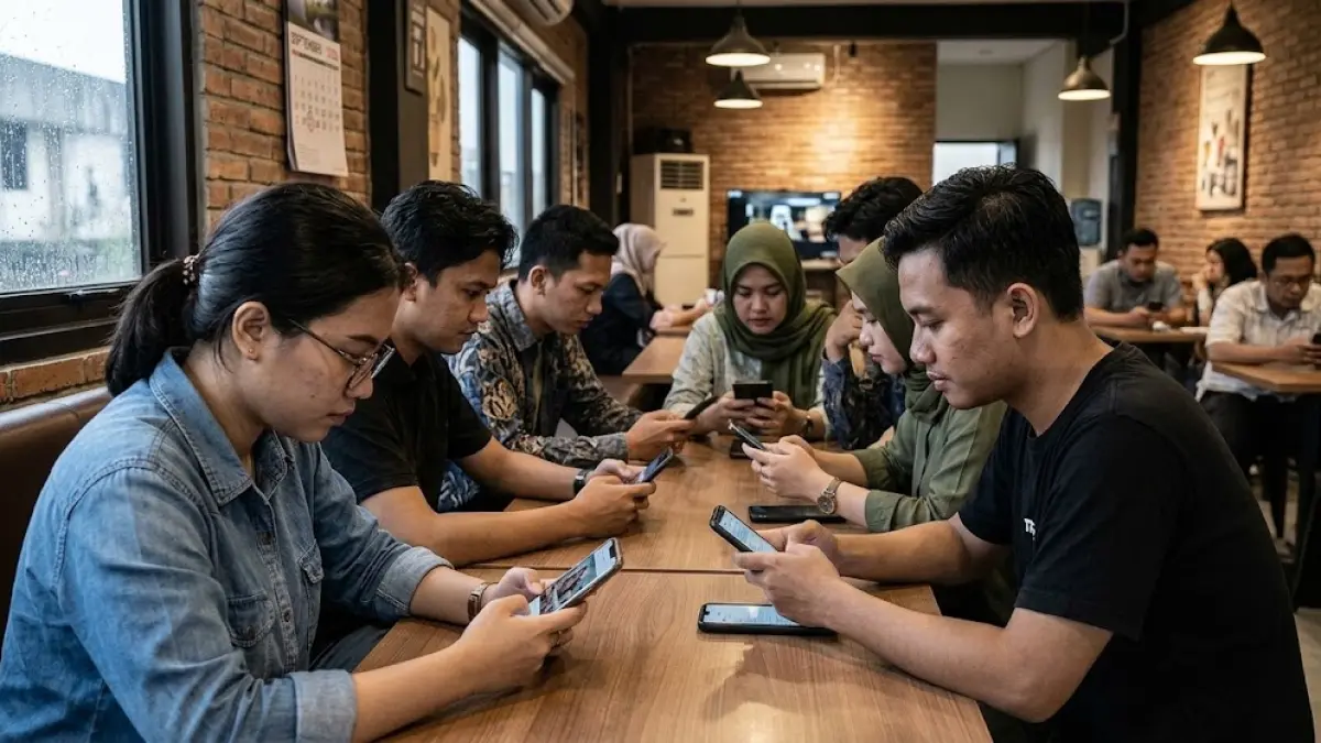 Ilustrasi sekumpulan orang yang masing-masing sibuk dengan gadget-nya.(generate ai)
