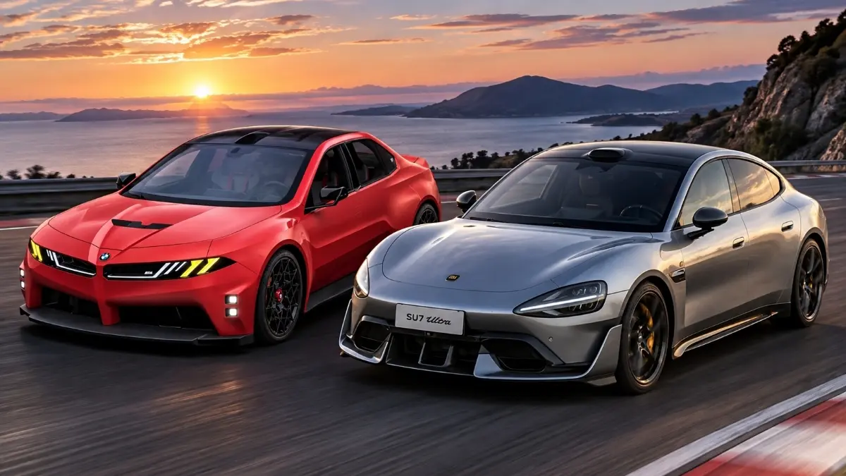 BMW M3 EV dan Xiaomi SU7 Ultra, menggambarkan persaingan sedan listrik berperforma tinggi yang semakin ketat. (FOTO: IST)