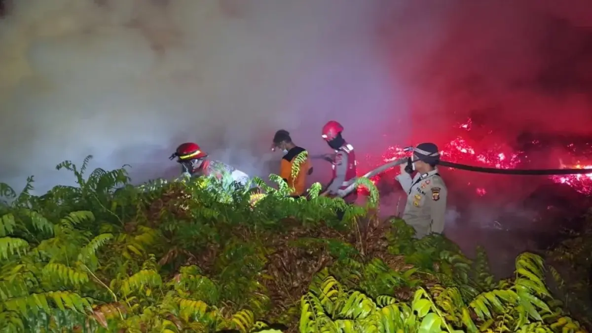 LAHAN: Petugas gabungan berupaya memadamkan kebakaran lahan di sekitar tol Balsam.