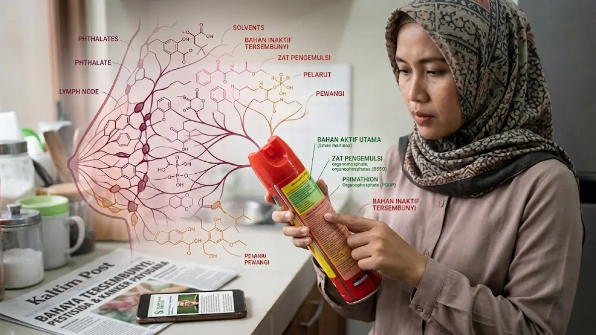 Ilustrasi bahaya pestisida dalam rumah tangga yang berpotensi jadi penyebab kanker payudara wanita.(generate ai)