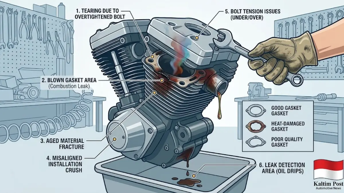 Ilustrasi paking yang tidak kuat menjadi penyebab kerusakan pada mesin sepeda motor.(generate ai)