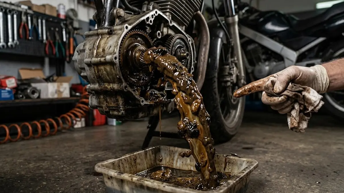 Ilustrasi sepeda motor yang olinya menggumpal.(generate ai)