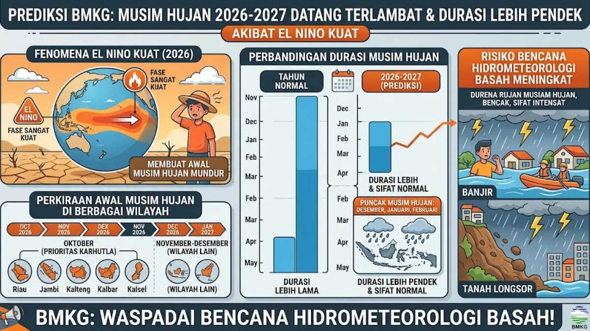 Infografis ini menyajikan visualisasi data mengenai dampak El Nino kuat terhadap pergeseran dan durasi musim hujan di Indonesia.(generate ai)