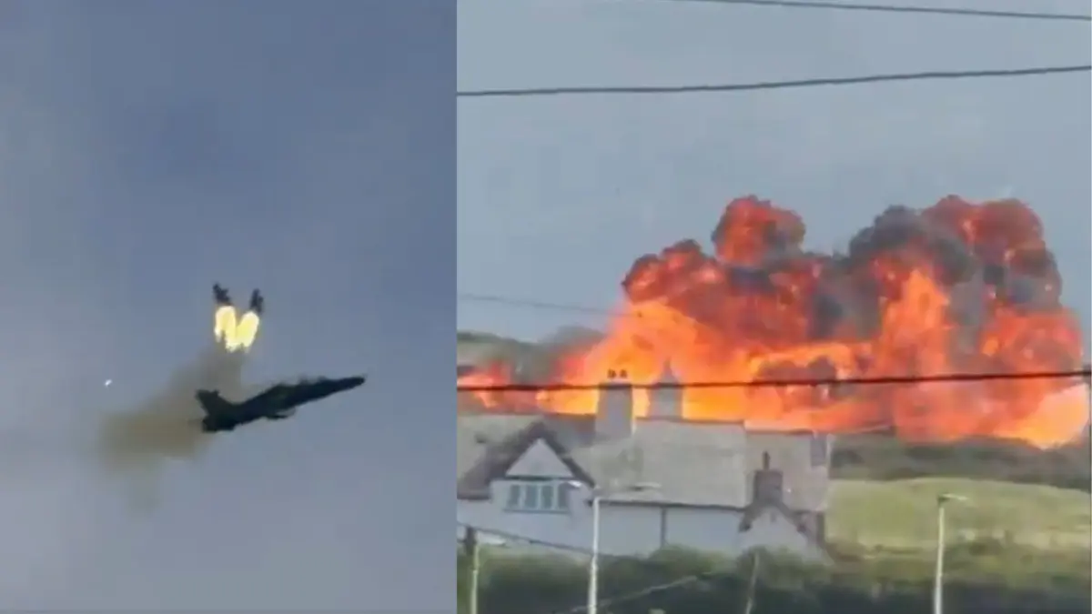 Jet Hawk T2 jatuh dan terbakar di Pencarnisiog, Anglesey, Wales, Rabu (23/9/2026). (kolase tangjapan layar thenewarea51/X)