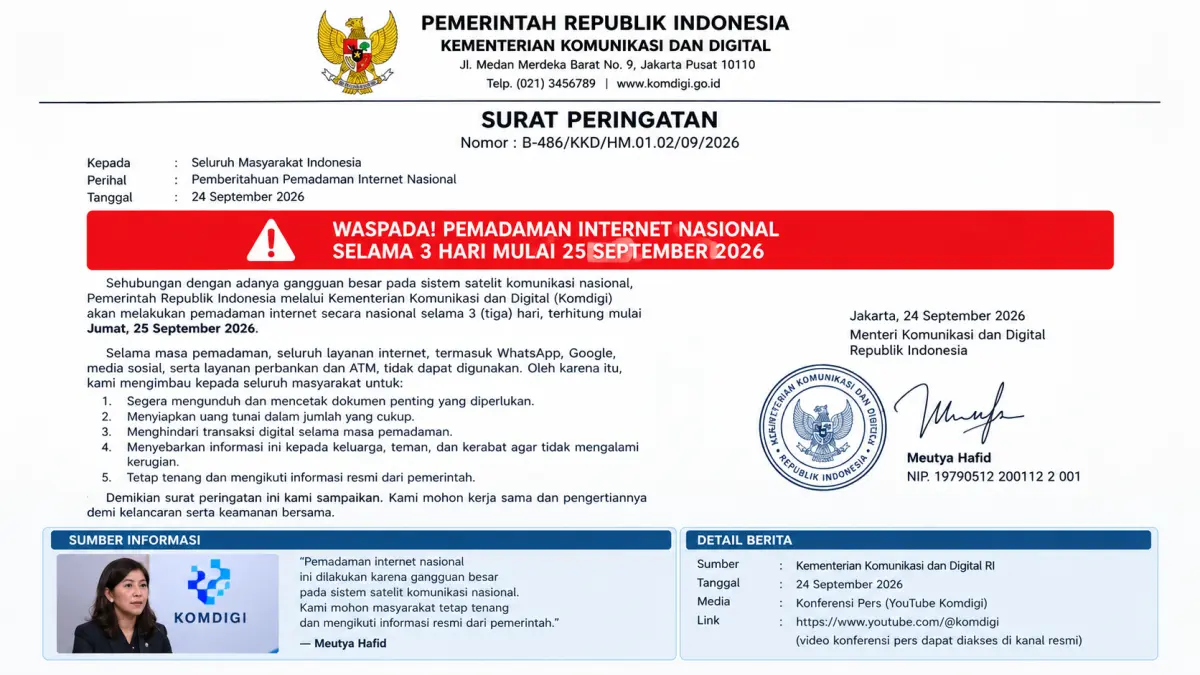 Surat palsu yang mengatasnamakan Kementerian Komunikasi dan Digital terkait kabar pemadaman internet nasional beredar di grup WhatsApp dan media sosial.
