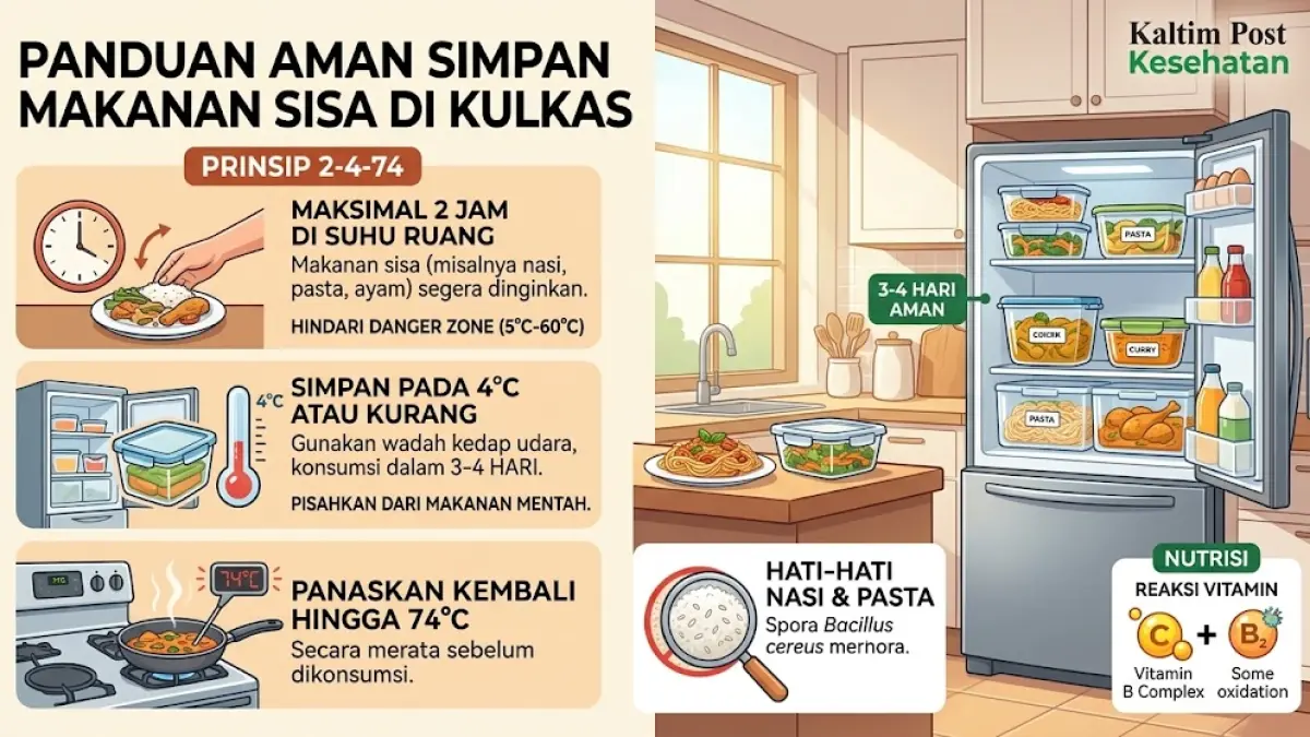 Ilustrasi panduan aman simpan makanan sisa di kulkas.(generate ai)