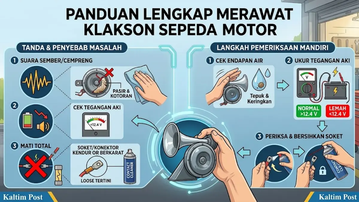 Ilustrasi panduan lengkap merawat klakson sepeda motor.(generate ai)