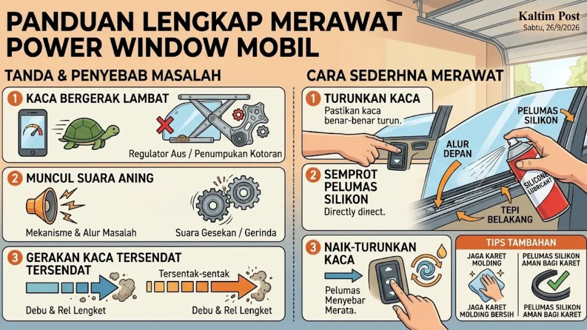 Ilustrasi panduan lengkap merawat Power Window mobil.(generate ai)