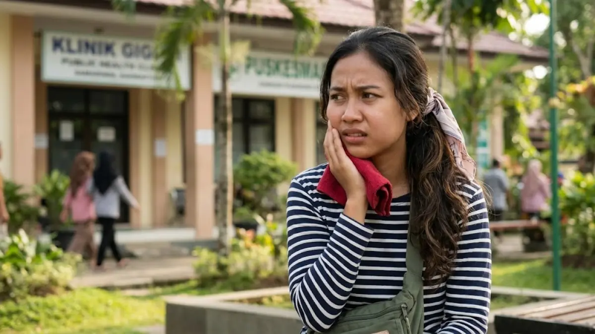 SAKIT GIGI: Seorang wanita tampak sedang menahan sakit gigi dan gusi bengkak.(generate ai)