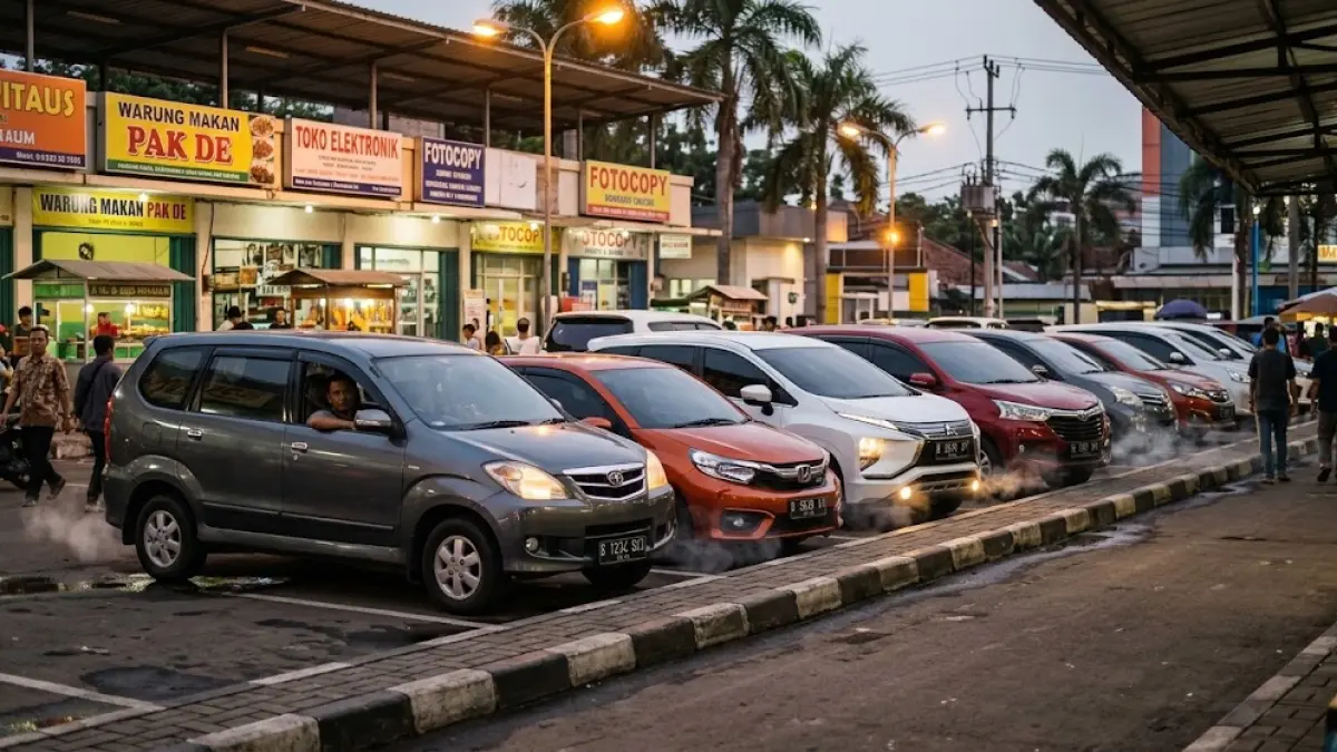 Ilustrasi deretan mobil yang parkir namun mesin masih menyala.(generate ai)