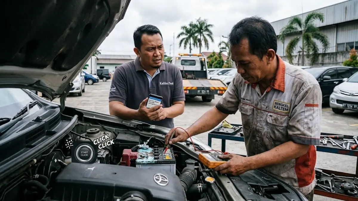 Ilustrasi petugas bengkel tampak sedang melakukan cek terhadap kesehatan aki mobil.(generate ai)