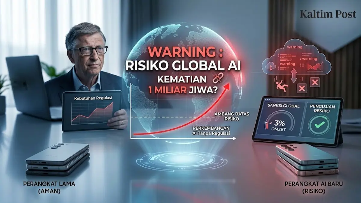 Ilustrasi visualisasi peringatan Bill Gates mengenai risiko global kecerdasan buatan atau AI.(generate ai)