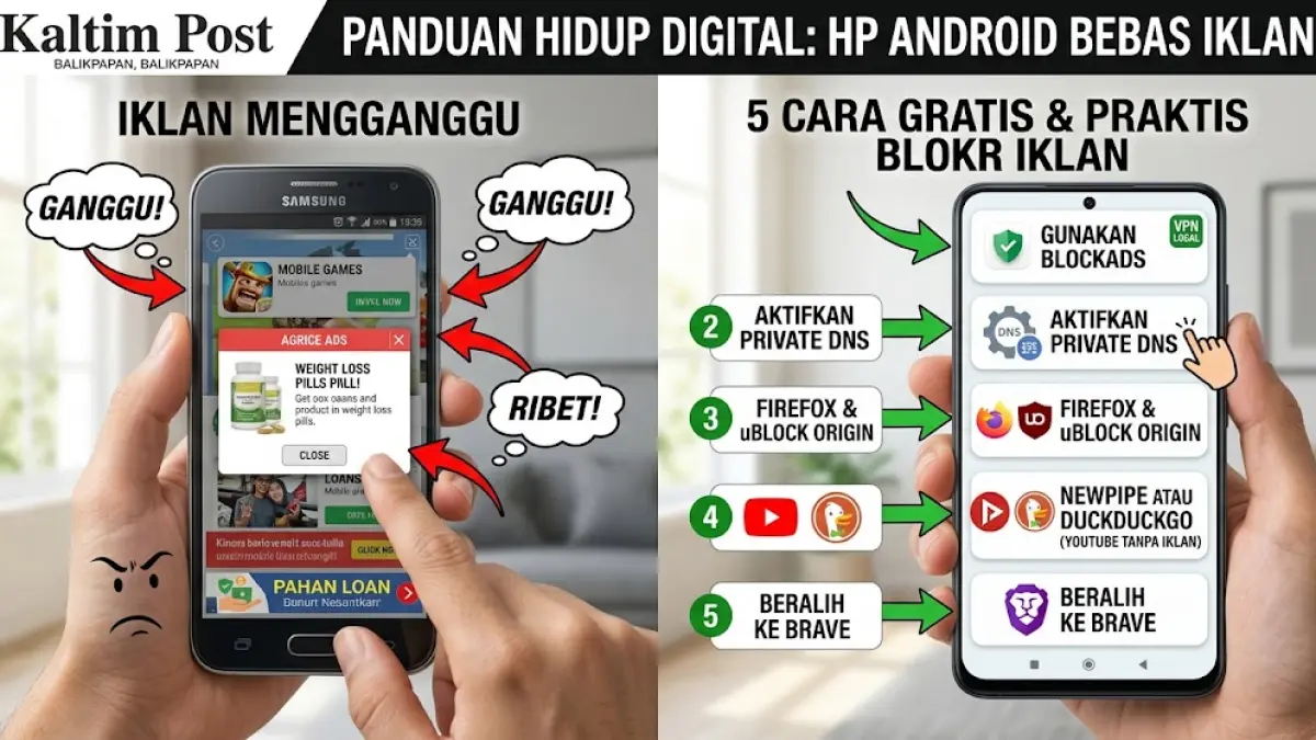 Ilustrasi cara membuang iklan dari HP Android.(generate ai)