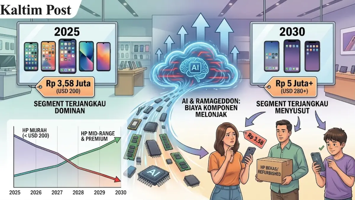 Ilustrasi grafis yang memvisualisasikan bagaimana lonjakan kebutuhan komponen AI memengaruhi pasar smartphone.(generate ai)