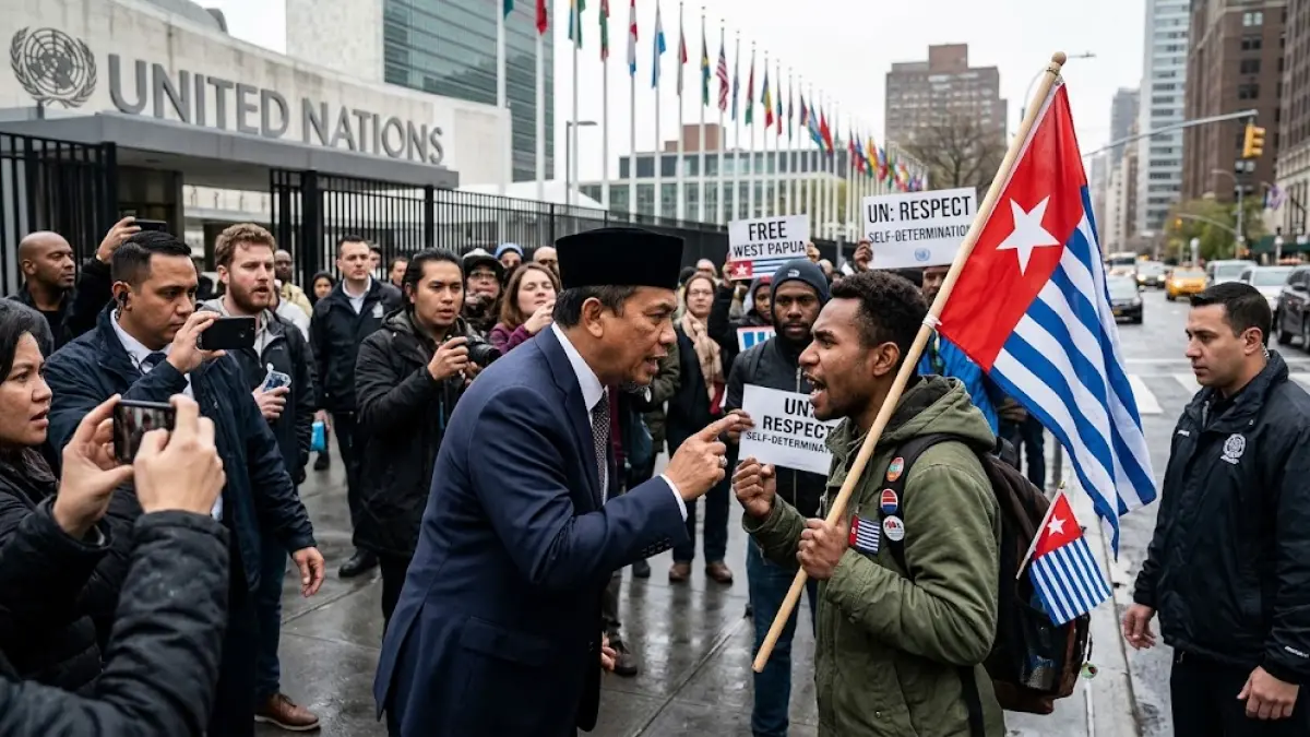 Ilustrasi momen konfrontasi dan perdebatan hangat antara tokoh ulama Indonesia dengan simpatisan pro-separatis Papua di luar Markas Besar PBB, New York.(generate ai)