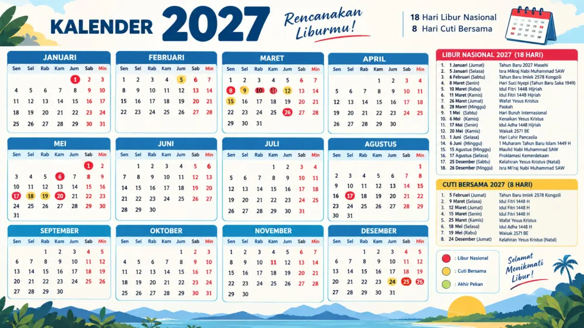 Kalender 2027 yang memiliki banyak libur dan cuti bersama.