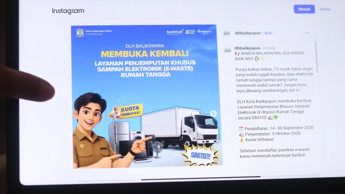 DLH Balikpapan membuka pendaftaran penjemputan e-waste gratis bagi warga mulai 14 hingga 30 September 2026 guna mencegah pencemaran limbah B3.