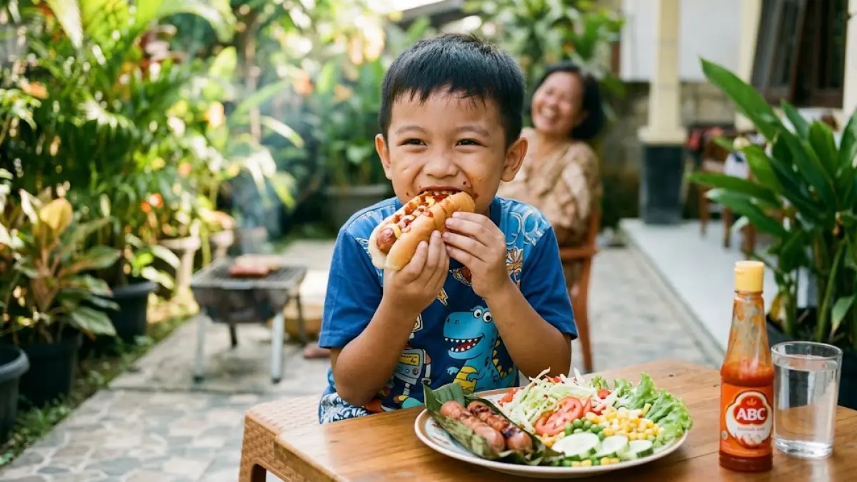 Ilustrasi seorang anak tampak sedang makan sosis.(generate ai)