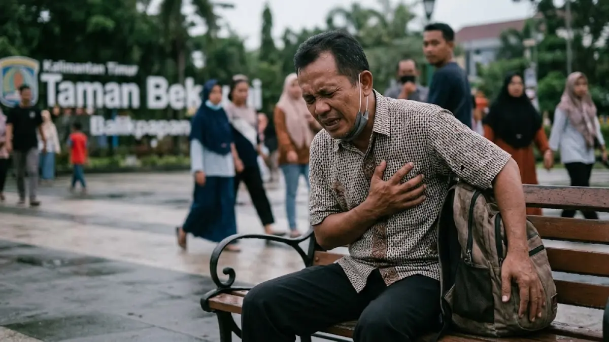 Ilustrasi seorang pria tampak memegang dada kirinya karena merasakan sakit jantung.(generate ai)