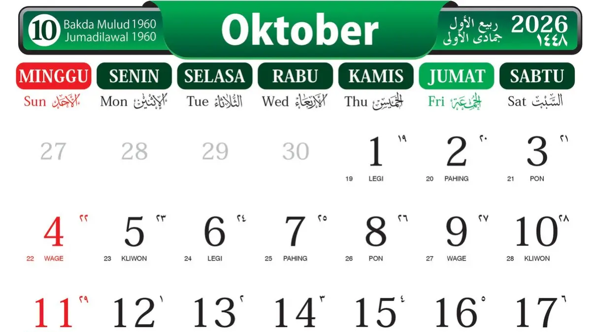 Kalender Oktober 2026.