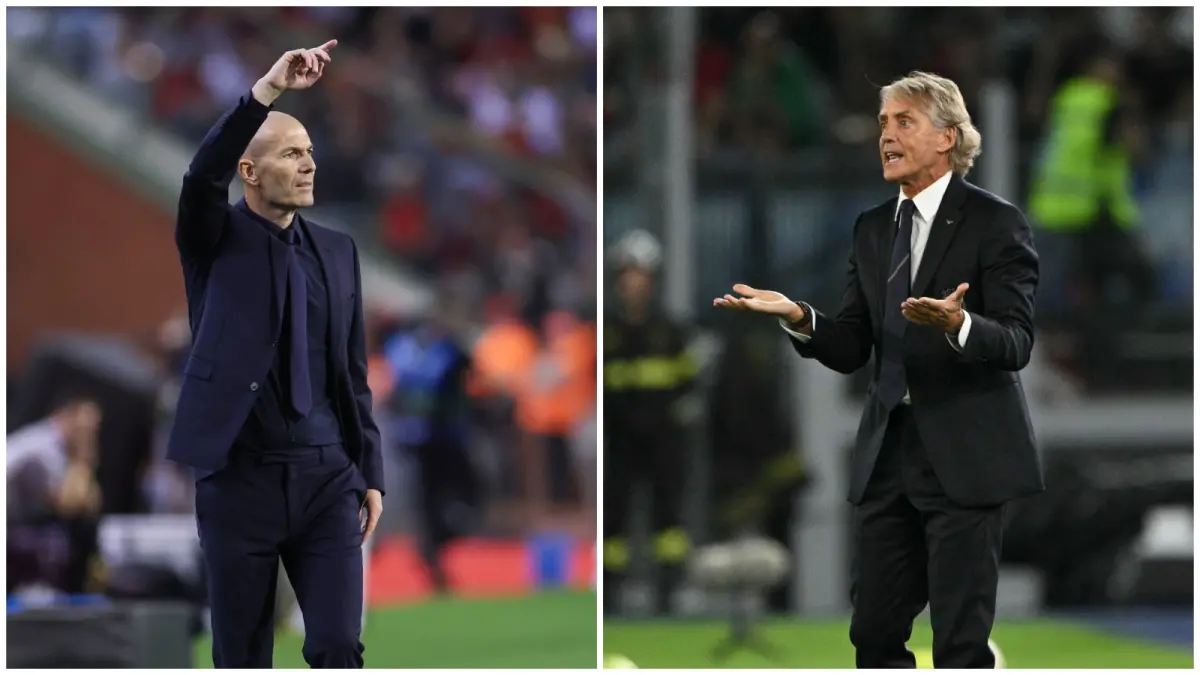 Pelatih Prancis Zinedine Zidane dan pelatih Italia Roberto Mancini bersiap adu strategi di Stade de France, Saint-Denis. (AFP)