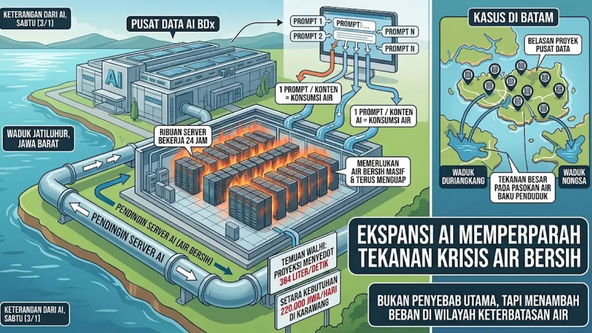 Ilustrasi ekspansi AI memperparah tekanan krisis air bersih di Indonesia.(generate ai)
