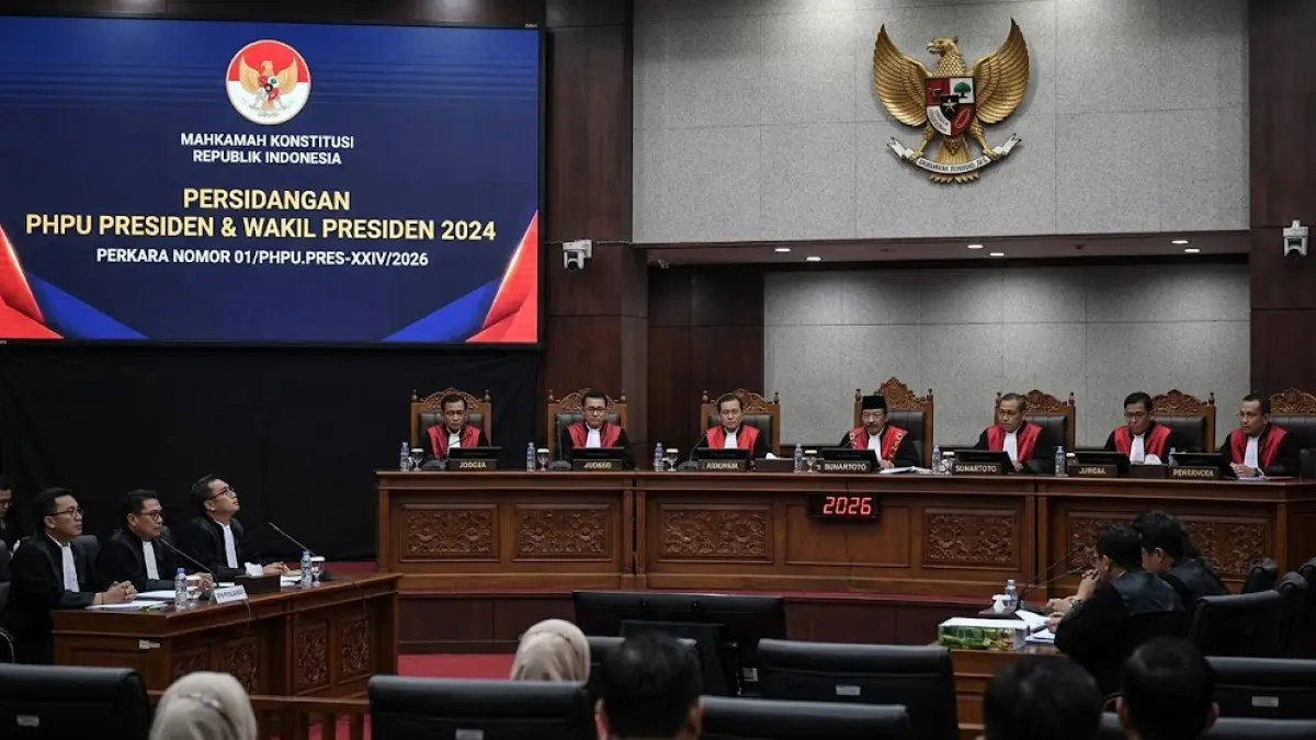 Ilustrasi suasana sidang di Mahkamah Konstitusi, yaitu Persidangan PHPU Presiden dan Wakil Presiden 2024 serta Perkara Nomor 01/PHPU.PRES-XXIV/2026.(generate ai)