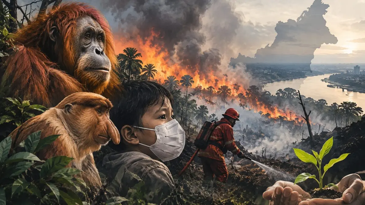 Ilustrasi karhutla dan ancaman terhadap keselamatan kehidupan di Kalimantan Timur. (AI)