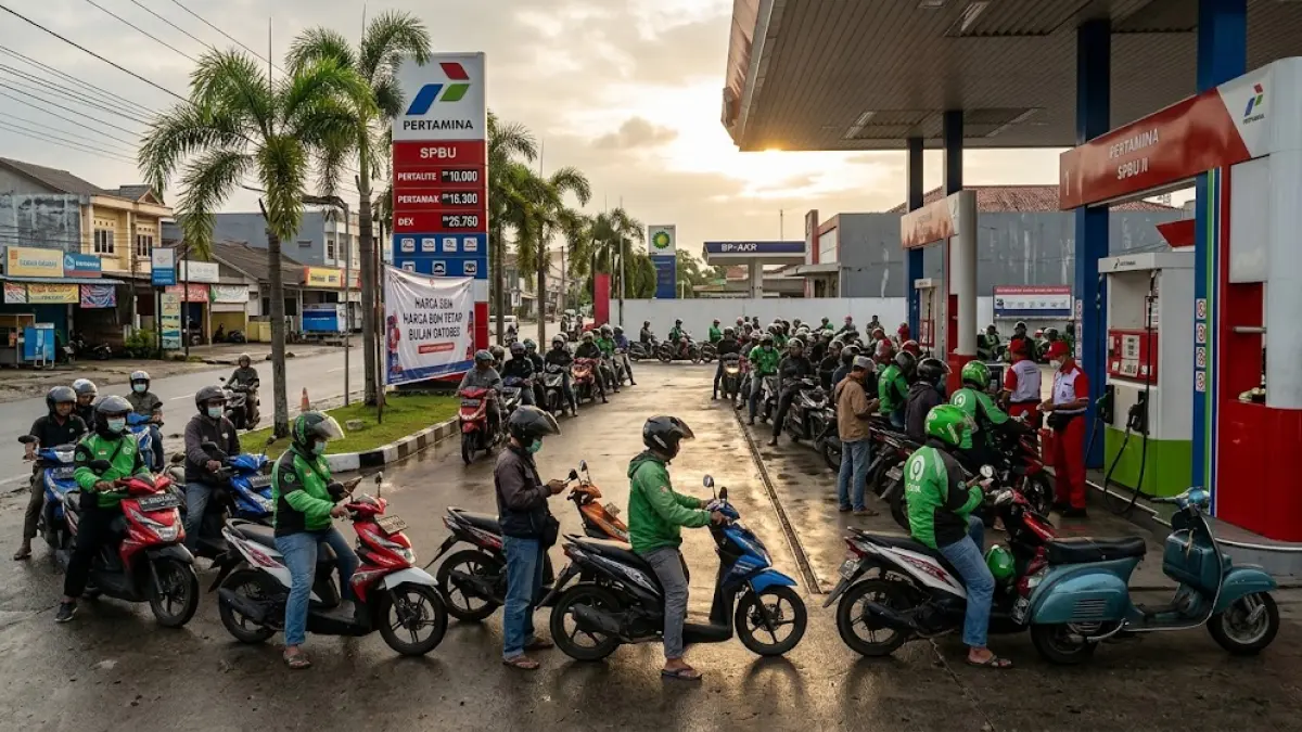 Ilustrasi pengendara sepeda motor antre BBM di SPBU.(generate ai)