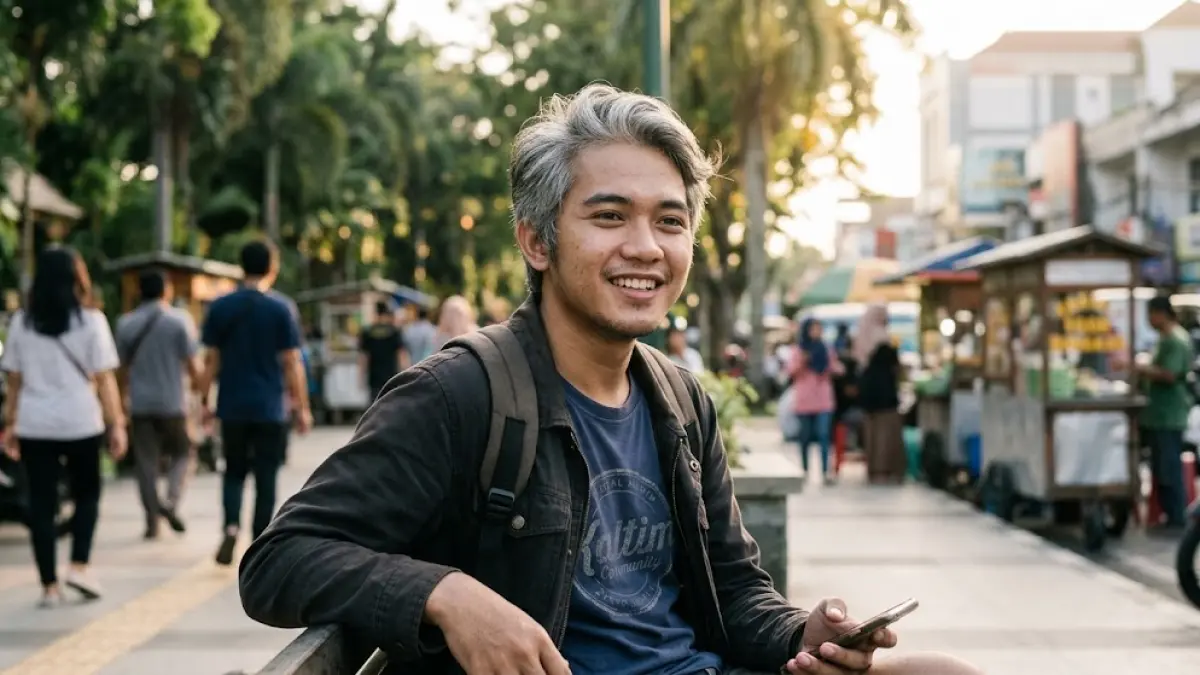 Ilustrasi seorang anak muda yang rambutnya sudah beruban.(generate ai)