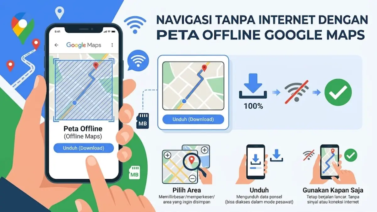 Ilustrasi navigasi tanpa internet dengan peta offline Google Maps.(generate ai)