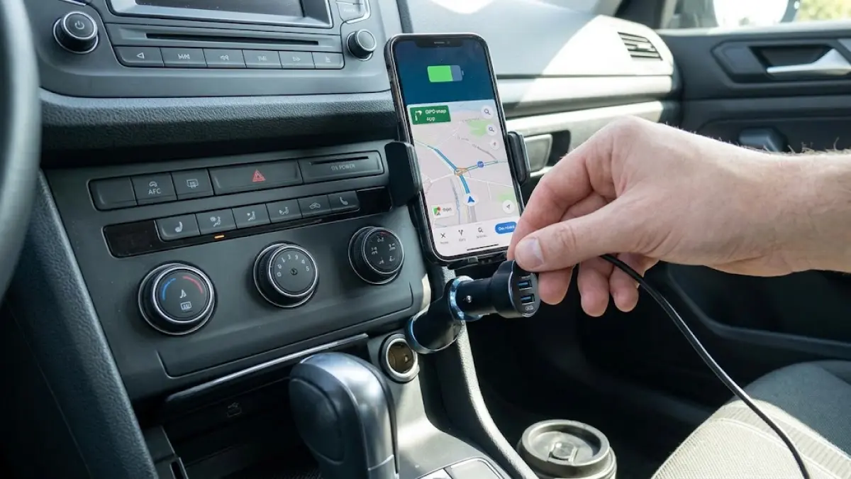 Ilustrasi pengemudi kendaraan roda empat saat cas HP di dalam mobil.(generate ai)
