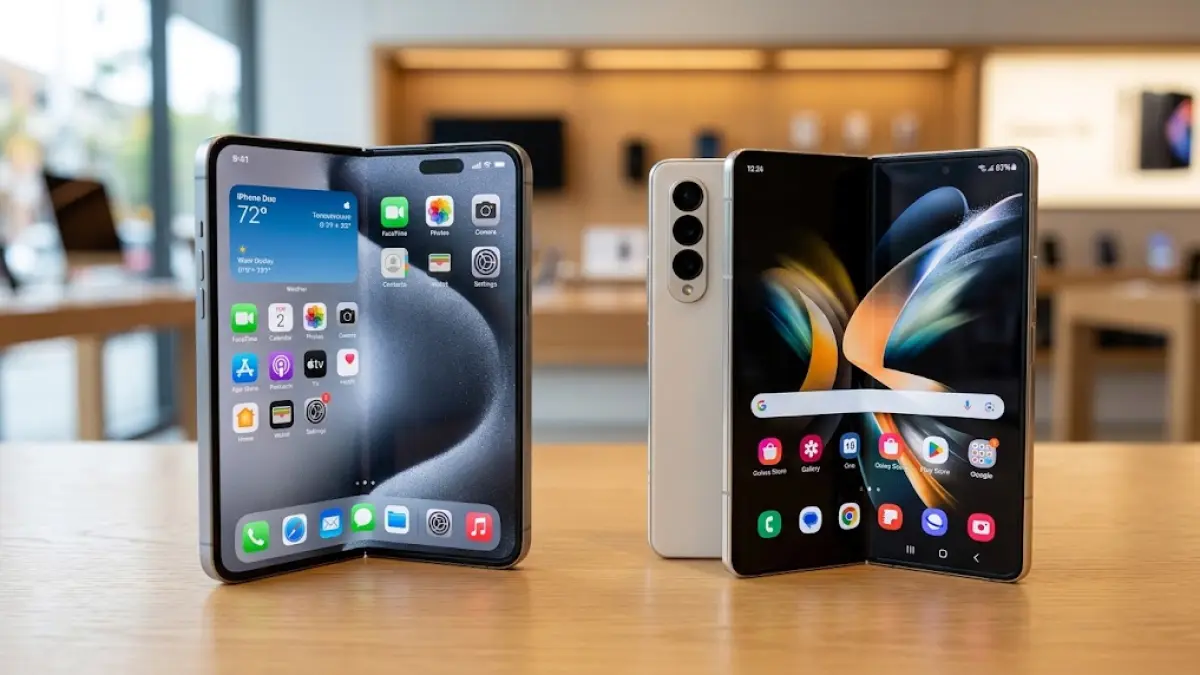 Ilustrasi ponsel lipat iPhone Duo dan Samsung Galaxy Z Fold 8.(generate ai)