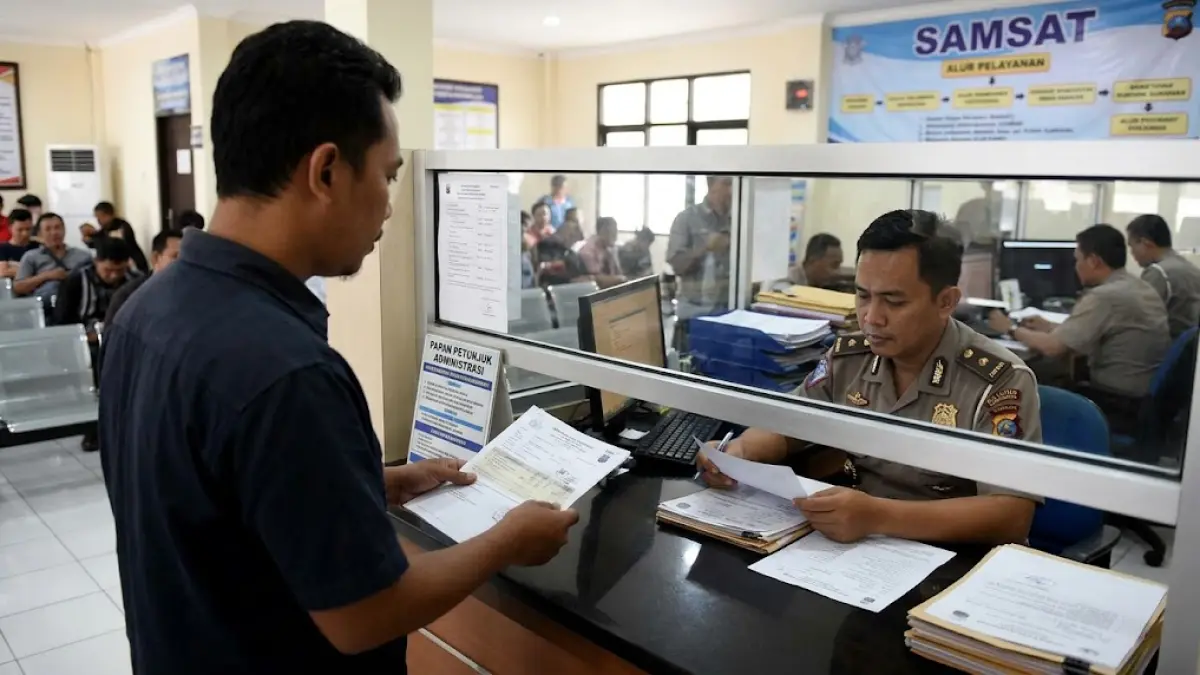 Ilustrasi seorang warga mendatangi Samsat untuk memblokir STNK setelah kendaraannya laku terjual.(generate ai)