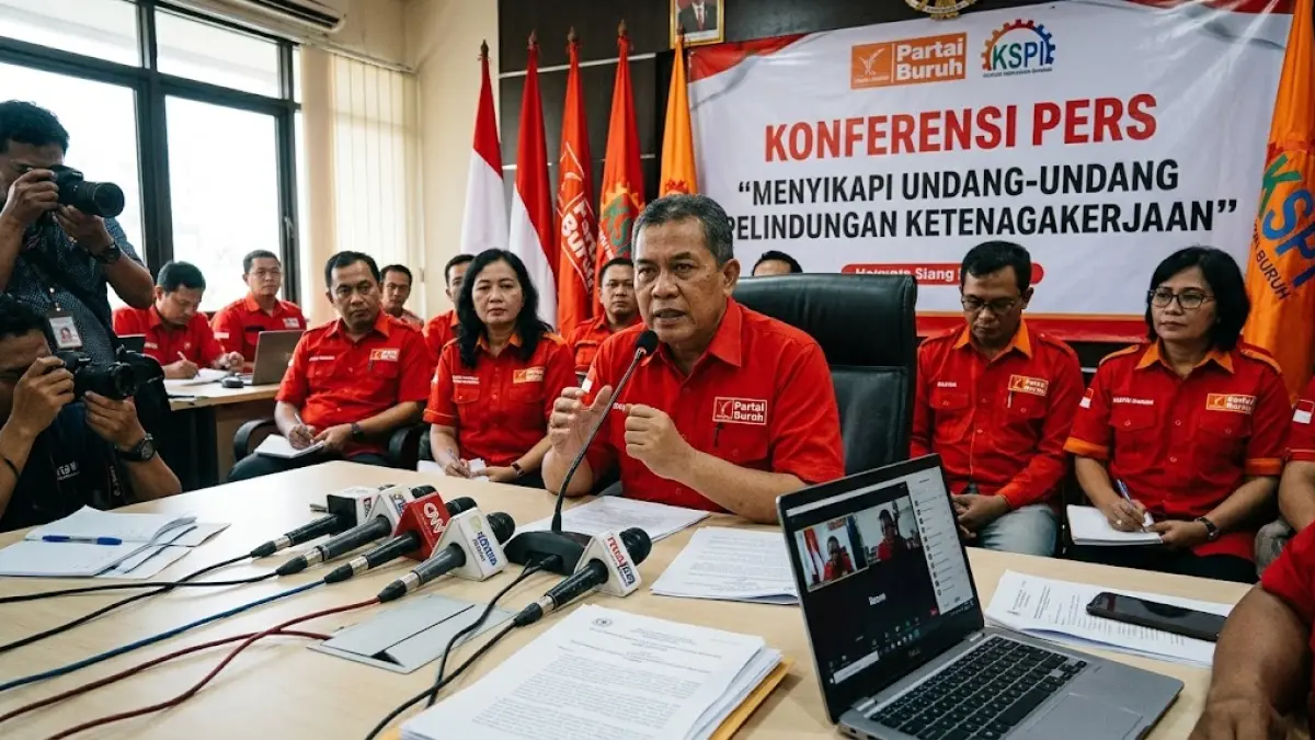 Ilustrasi konferensi pers buruh menyikapi UU Perlindungan Ketenagakerjaan.(generate ai)