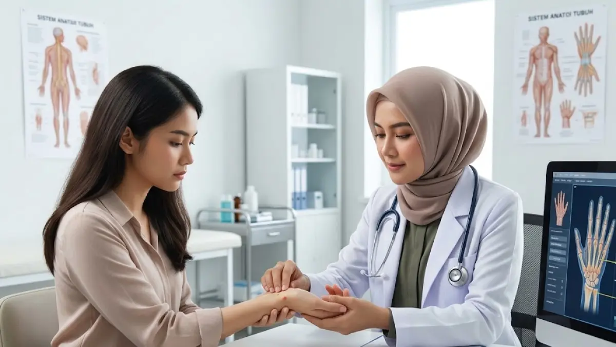 Ilustrasi seorang dokter sedang memeriksa tangan pasien yang mengeluh kebas.(generate ai)