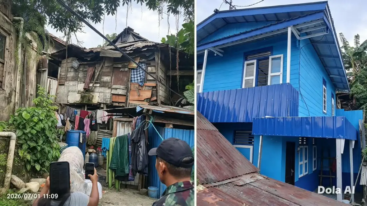 Rumah Aspiah yang tidak layak untuk dihuni sebelum di rehab (kiri) dan setelah direnovasi lewat program bedah rumah.