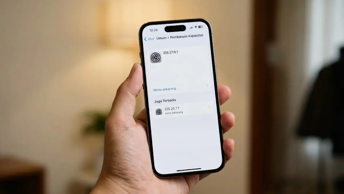 Ilustrasi antarmuka pembaruan sistem operasi pada iPhone dalam bahasa Indonesia.(generate ai)