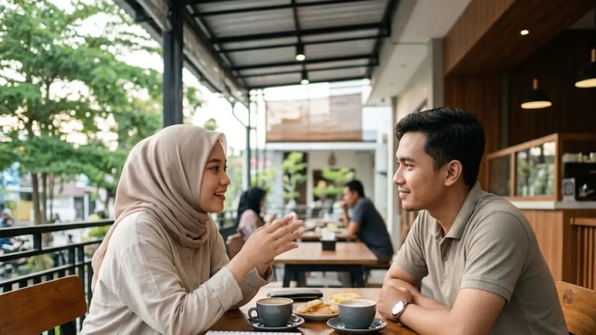 Ilustrasi ini menampilkan komunikasi dua arah dan interaksi yang saling menghargai antara pasangan.(generate ai)