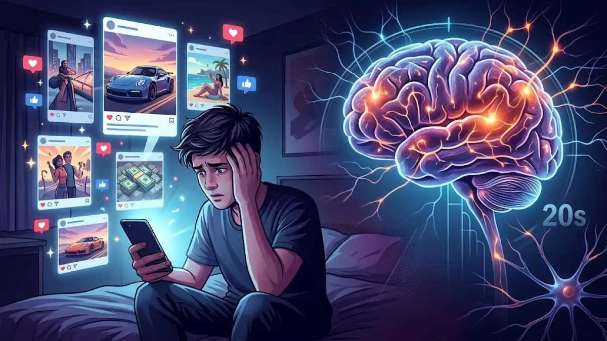 Ilustrasi generasi milenial cemas terhadap media sosial.(generate ai)