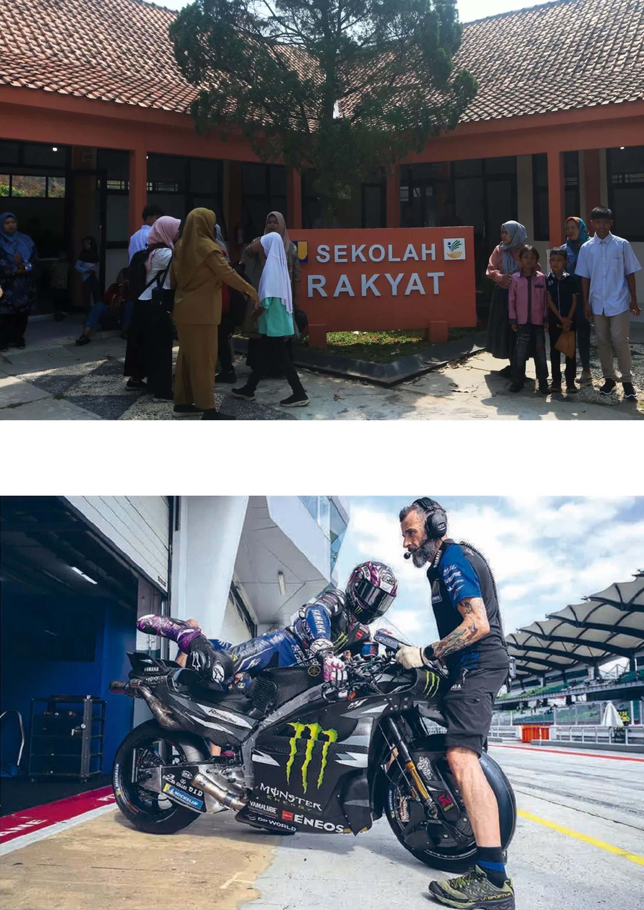 BELUM NYAMAN: Mekanik Yamaha membantu Fabio Quartararo meninggalkan pit lane untuk persiapan tes di Sepang, Selasa (3/2).