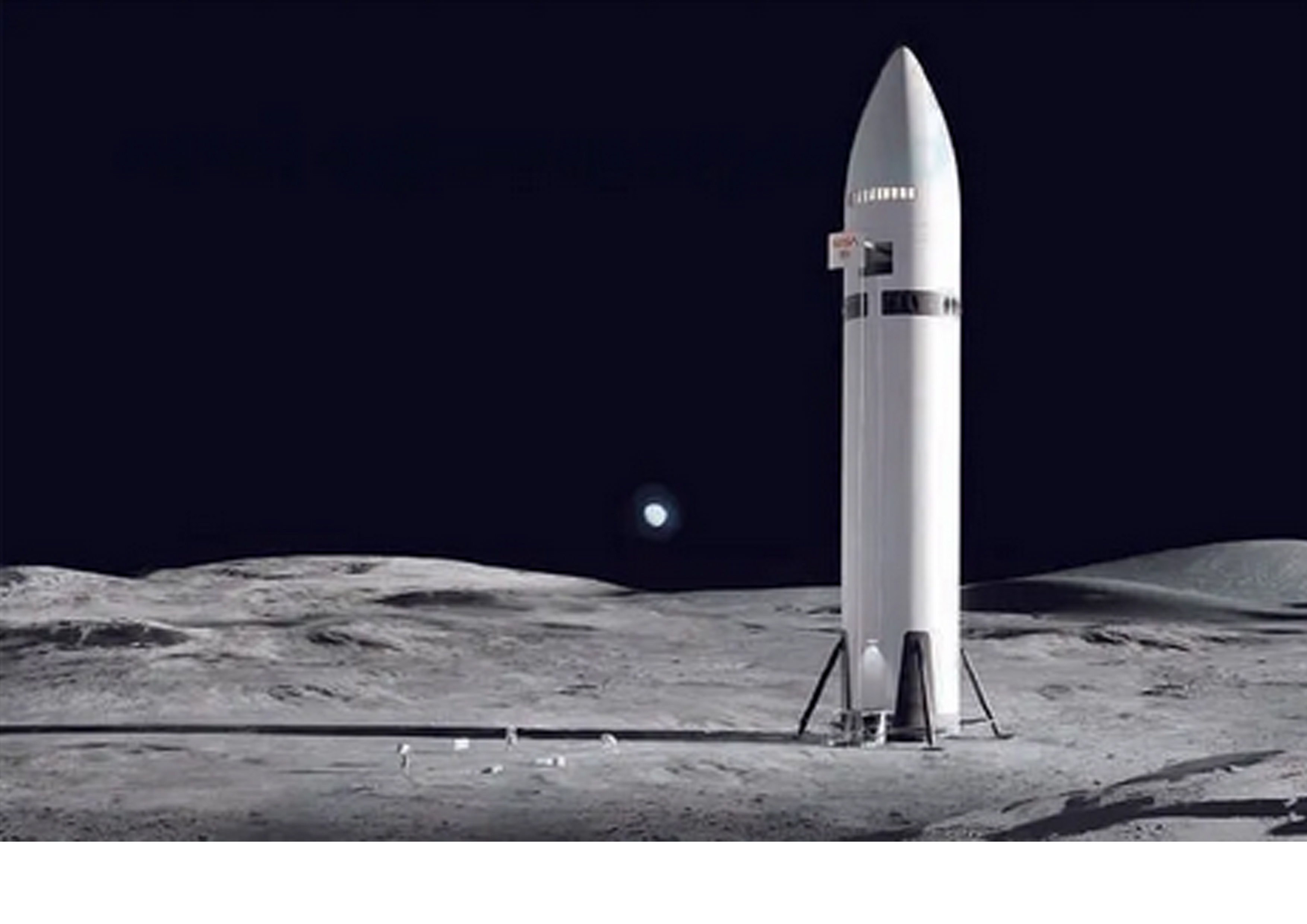 Konsep artistik pendaratan pesawat luar angkasa Starship milik SpaceX di permukaan bulan. SpaceX memproyeksikan Bulan sebagai fokus pembangunan permukiman permanen daripada Mars. (NASASPACEX)