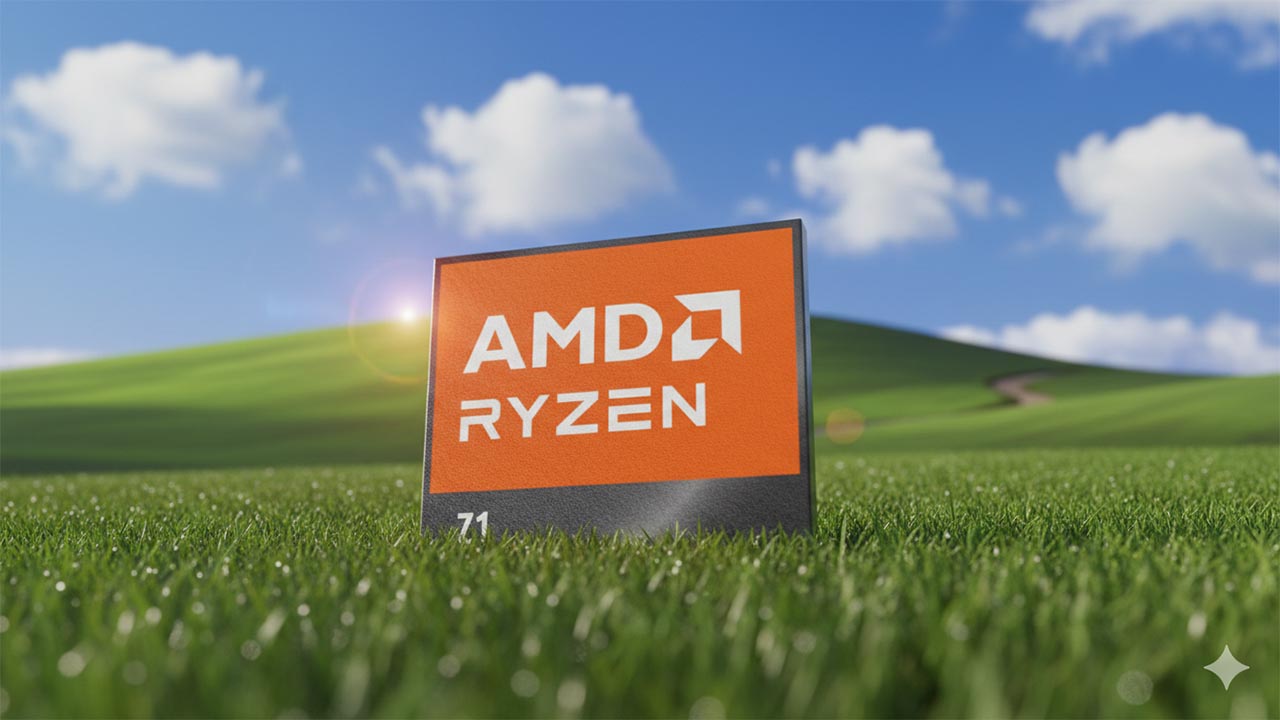 Logo AMD Ryzen Z1 di dataran hijau