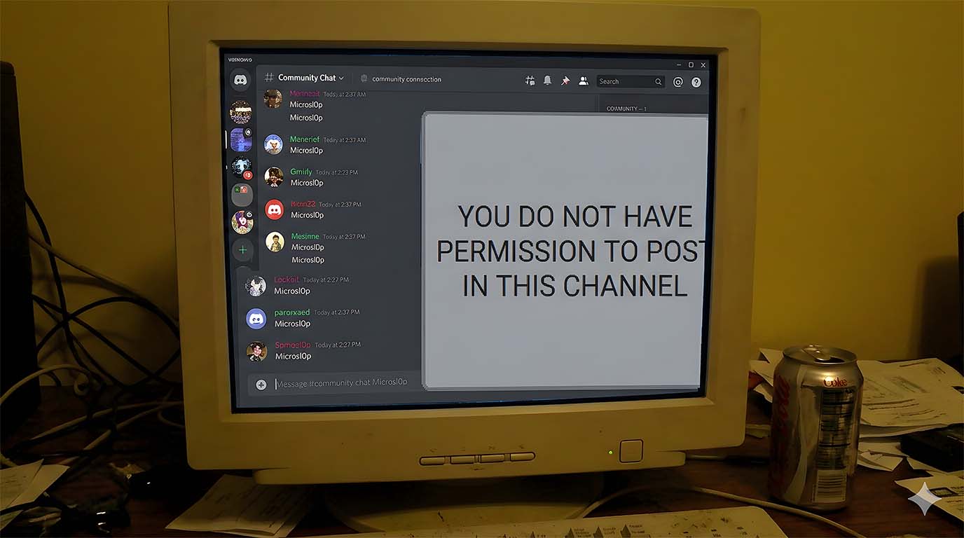 Ilustrasi Layar Discord dengan pengguna mengirimkan teks "Microslop"