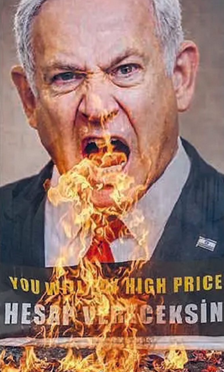 SI PENJAHAT PERANG: Poster PM Israel Benjamin Netanyahu dibakar demonstran di depan Konsulat Israel di Istanbul, Turki (13/3).