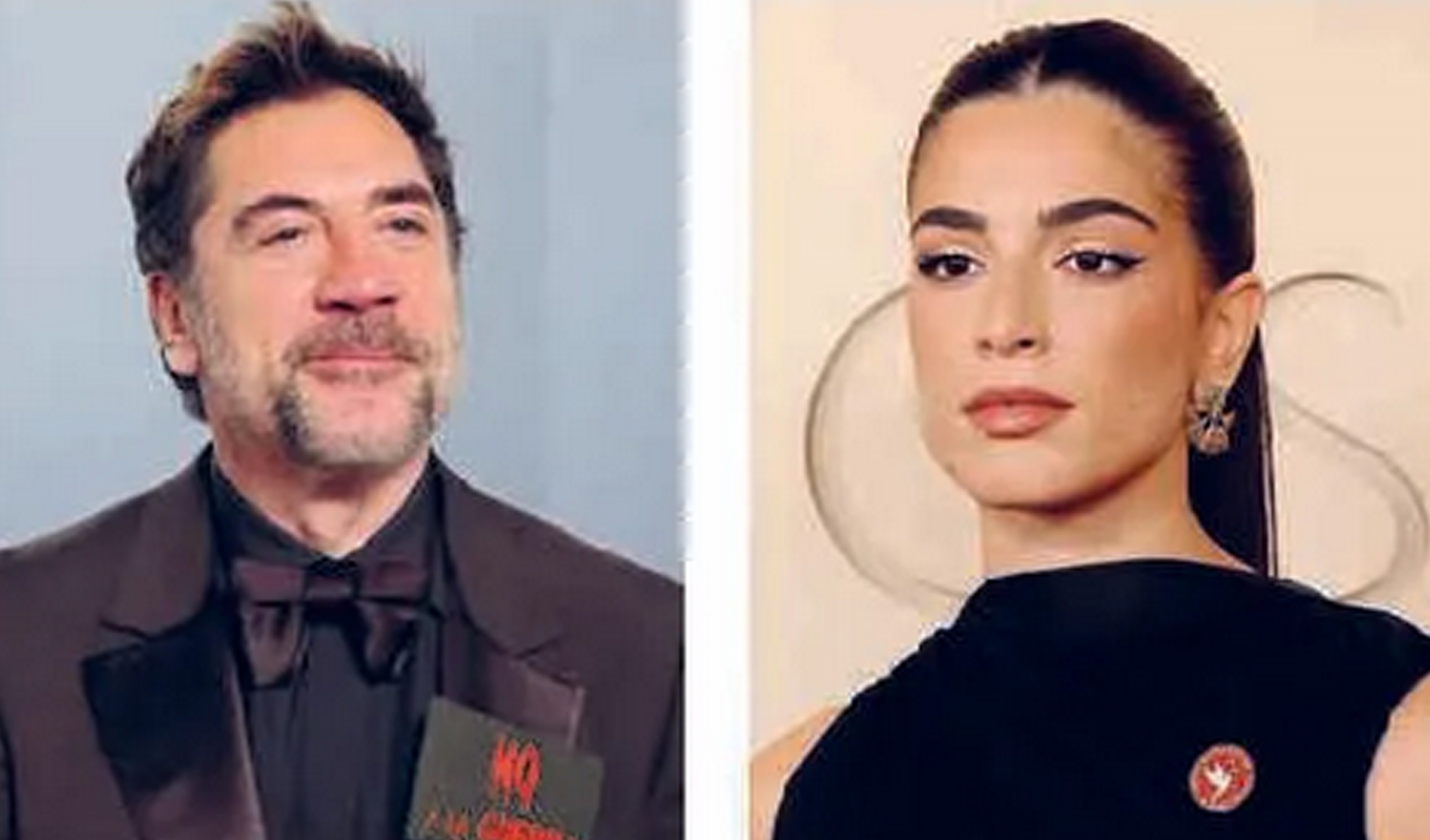 STOP THE WAR: Javier Bardem dan Saja Kilani di segmen red carpet Academy Awards 2026. Keduanya memakai pin simbol solidaritas dan mengutarakan seruan antiperang.