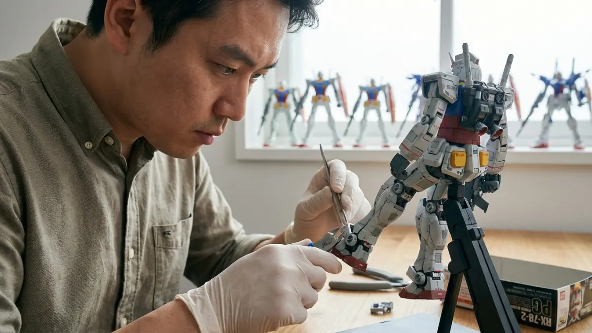 Pria dewasa merakit model kit Gundam. Hobi Gunpla digemari karena tantangan perakitan, kepuasan emosional, dan nostalgia masa kecil.