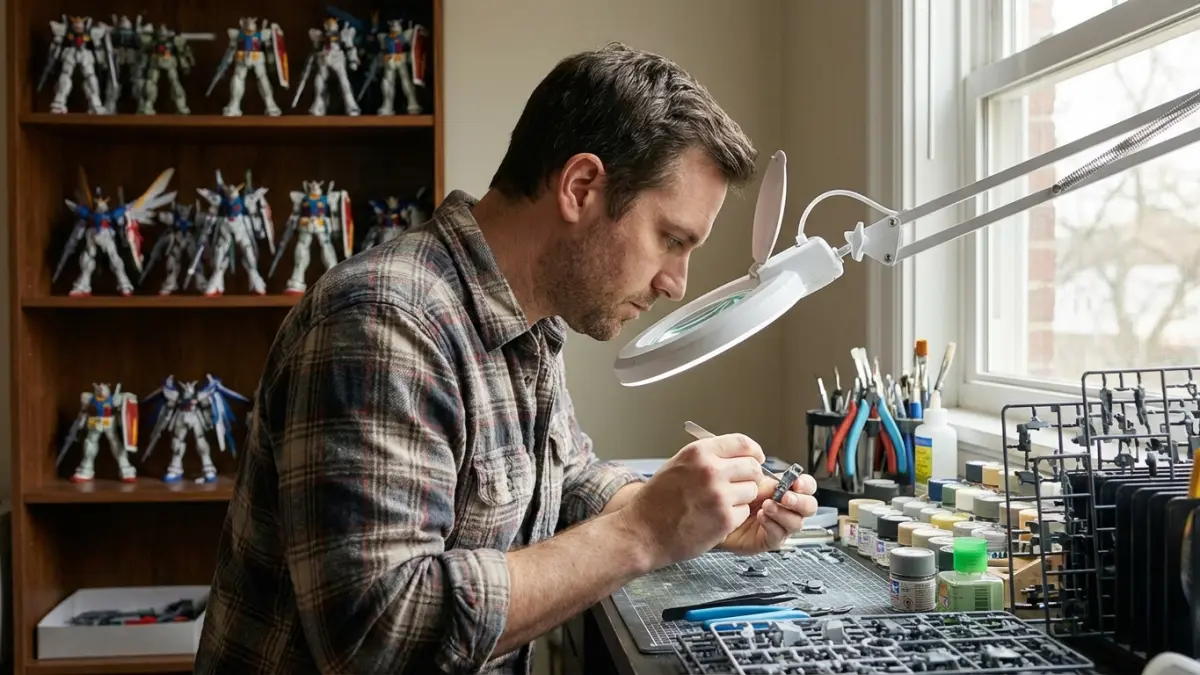 Seorang kolektor dewasa merakit model kit Gundam. Hobi ini bukan hanya tentang nostalgia, tetapi juga mengasah kreativitas dan manajemen finansial.