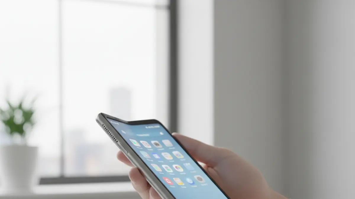 Ilustrasi ponsel lipat yang diperkirakan akan menjadi iPhone Fold, perangkat yang ditargetkan Apple untuk diluncurkan pada September 2026.