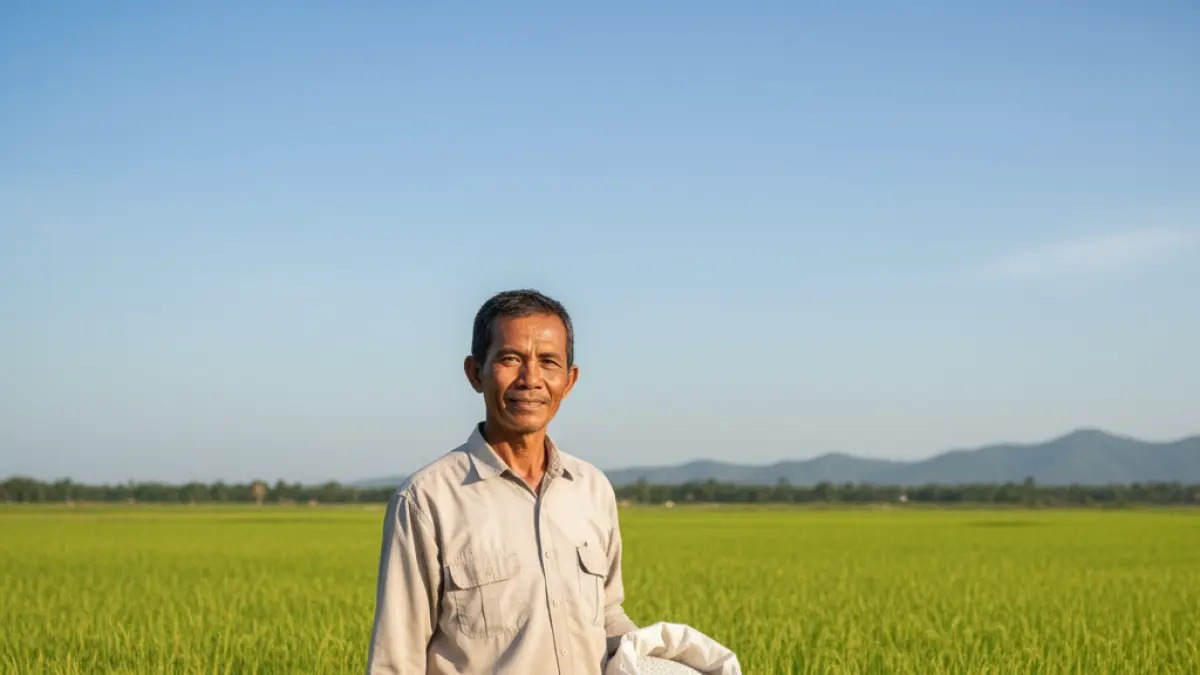 Seorang petani di sawah menunjukkan ketersediaan pupuk yang aman dan distribusi yang lancar, mendukung ketahanan pangan nasional.